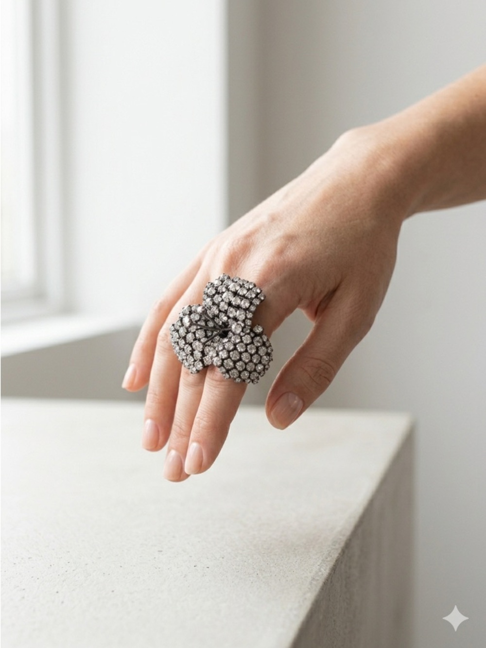 Erickson Beamon Gunmetal Crystal Floral Statement Cocktail Ring NWT